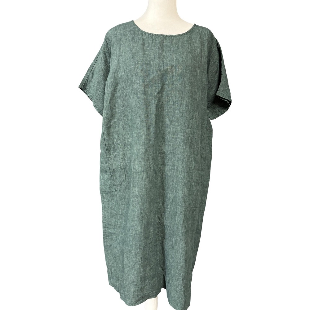 Eileen Fisher Linen Dress Womens Petite PL Green Shift Short Sleeve Pockets